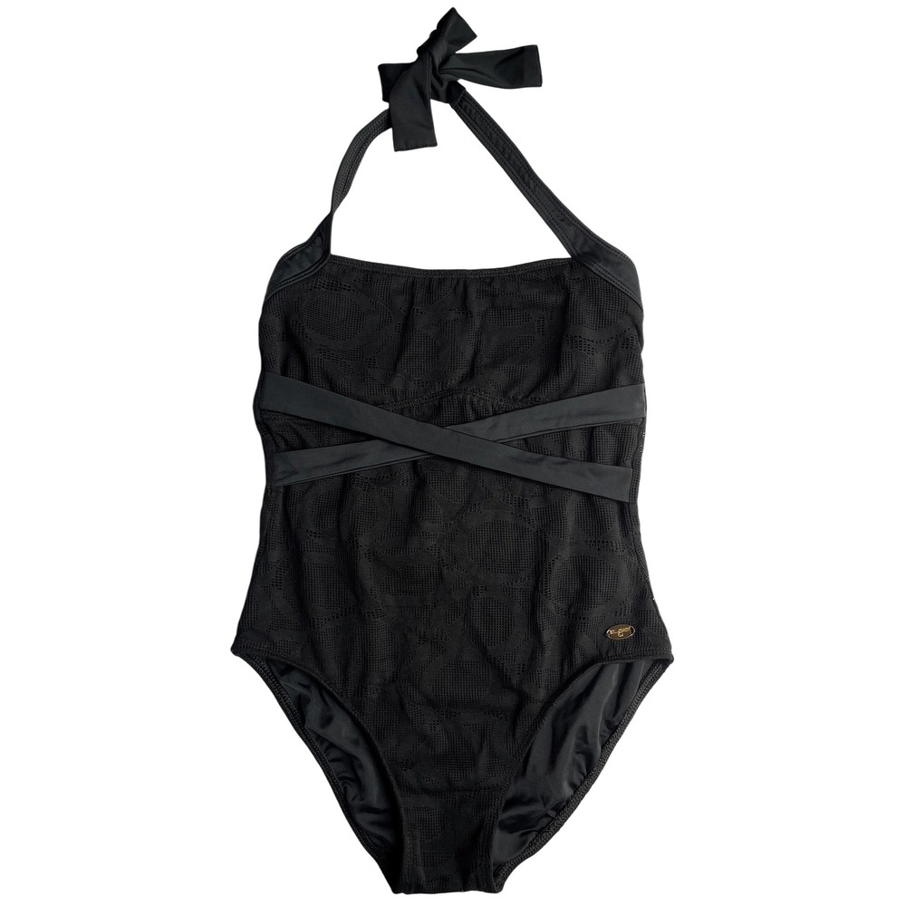 St. John Swim Black Halter‎ One Piece Swimsuit Patterned Overlay Shelf Bra Sz 2